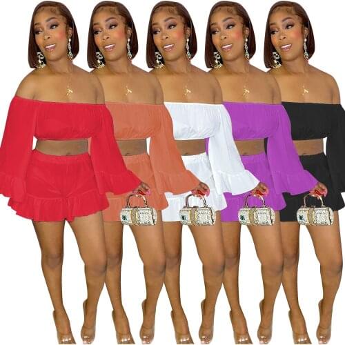 Elegant Solid Ruffles Short Tracksuit Women Sexy Off the Shoulder Long Sleeve Crop Top Shorts Slim Two Piece Set Outfits Casual