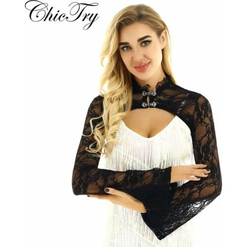 Elegant Womens Vintage Stand Collar Flared Sleeves See Through Sheer Floral Lace Crop Top Form Fitting Shrugs for Formal Party