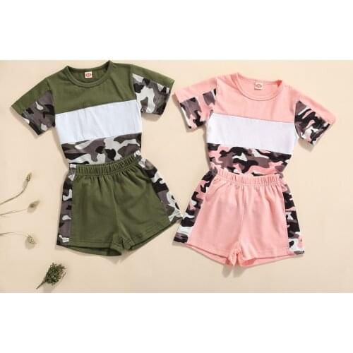 FOCUSNORM 1-6Y Summer 2pcs Kids Girls Boys Clothes Sets Camouflage Printed Patchwork Short Sleeve T Shirts Tops Shorts