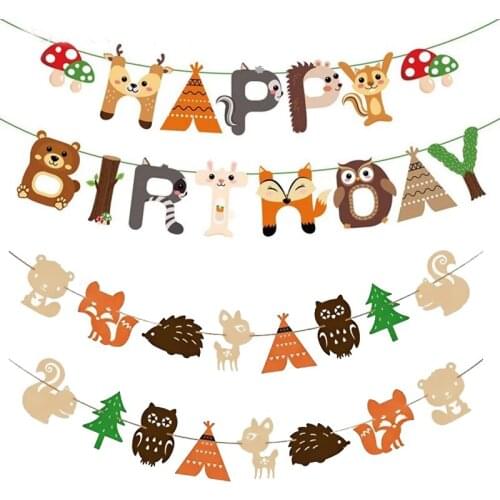 Cartoon Animal Woodland Theme Happy Birthday Banner Forest Woodland Garland Raccoon Fox Kids Birthday Festival Party Supplies