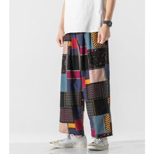 Harajuku Style Mens Harem Pants Fashion Wide Leg Straight Casual Patchwork Pants Male Loose 2021 Cotton Linen Trousers M-3XL