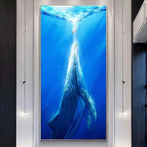 Anime Blue Whale Canvas Painting Modern Cartoon Seascape Posters and Prints Wall Picture for Living Room Home Artwork Decoration