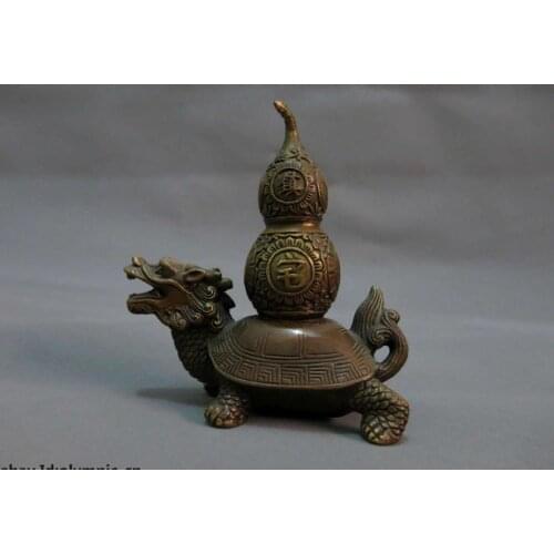 China Feng Shui brass copper Town house lucky Dragon Turtle calabash Statue