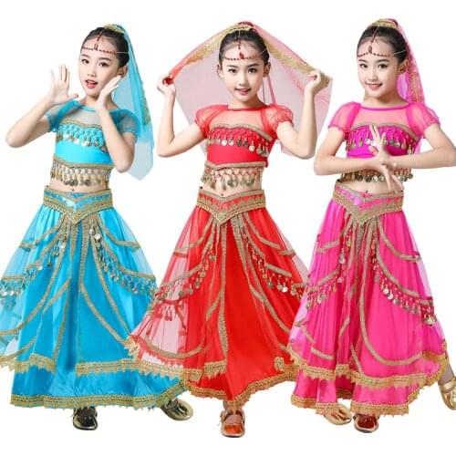 New Children Bollywood Dance Costume Set Belly Dance Indian Sari Girls Top Headwear Veil Belt Skirt Coin Stage Performance