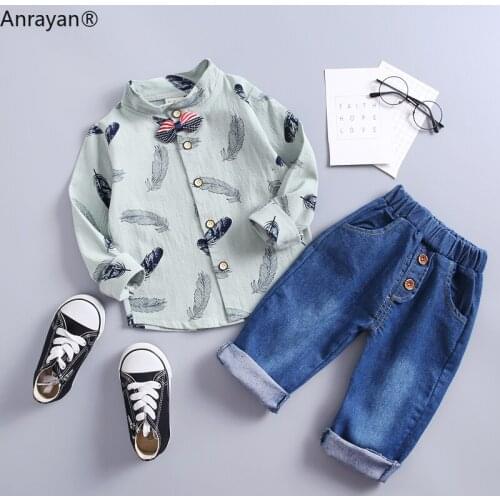 Spring Infant Sets Kids Cartoon Printing Long Sleeve Lapel Bow Shirt Jeans 2Pcs/Sets Baby Boys Gentleman Clothing Leisure Suits