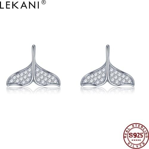 LEKANI Women Earrings Real 925 Sterling Silver Shiny Cubic Zirconia Fish Tail Cute Earrings Fine Handmade Jewelry Ear Studs