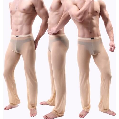 Mens Pajama Sleep Bottoms Casual See-though Mesh Ultra-thin Pants Low Waist Elastic Waistband Trousers Male Homewear Nightwear
