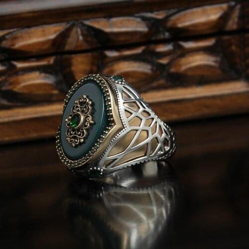 Agate Gemstone 925 Sterling Mens Silver Ring