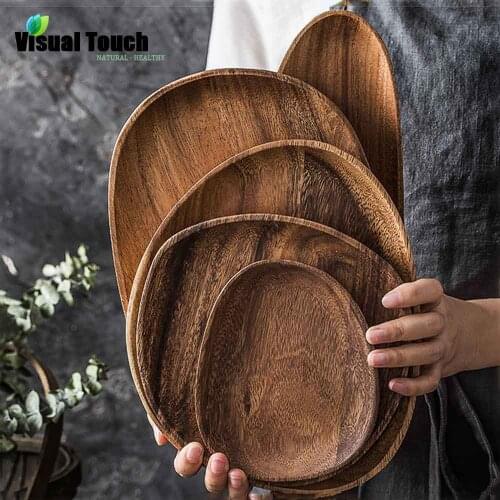 Visual Touch Whole Wood Oval Shape Acacia Solid Dish Plate Fruit Saucer Tea Tray Dessert Dinner Plate Tableware Set