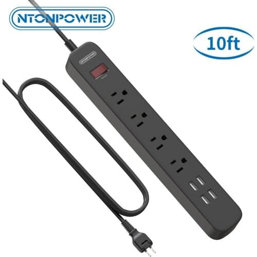 NTONPOWER 2 Prong Power Strip US Plug 1700J Surge Protector 4 Outlets 4 USB Ports With 10FT Extension Long Cord For Home/Office