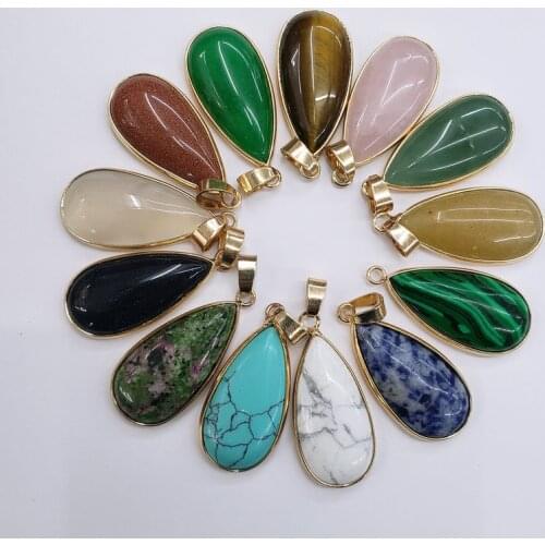 Wholesale 10pcs/lot 2019 high quality mixed natural stones gold side Water drop shape pendants for jewelry making