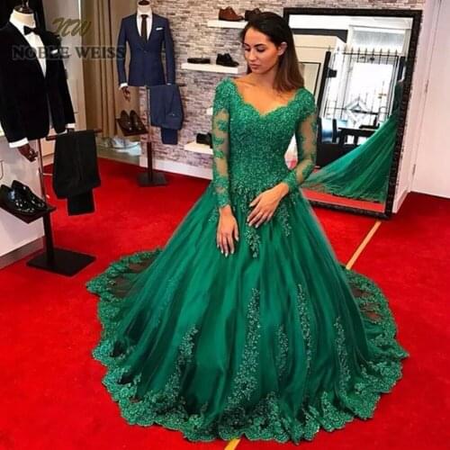 Prom dresses 2019 v-neck green tulle appliques vestido de gala long prom dress with court train a-line party dress