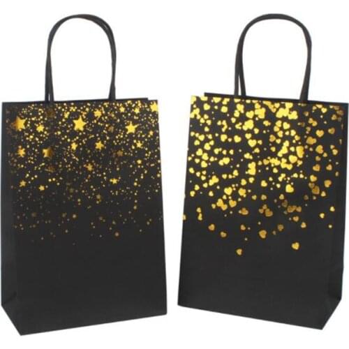 10PCS Bronzing Heart Stars Gift Bag Black White Kraft Paper Wedding Present Wrapping Packaging Tote Bag Box Takeway Holder Case