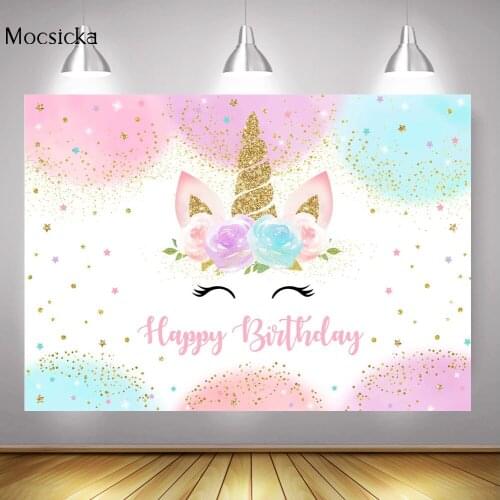 Rainbow Unicorn Backdrop Happy Birthday Party Background Decorations for Girls Watercolor Floral Unicorn Glitter Stars Dots