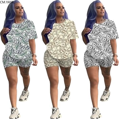 CM.YAYA Women US Dollar Print Two Piece Set Sport Casual T-shirt Shorts Jogger Suit Holiday Outfits Matching Set Tracksuit