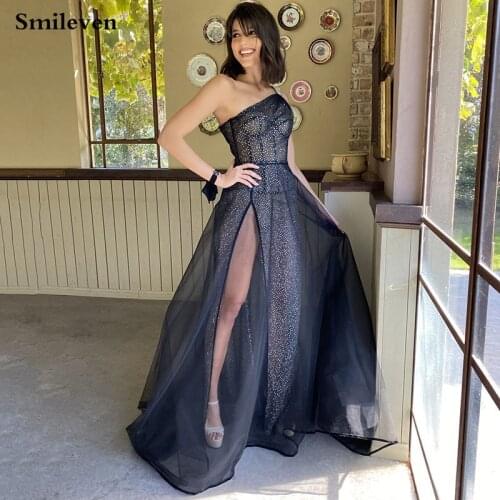 Smilevven Modern Black Glitter Tulle Prom Dresses One Shoulder Side Split Evening Gowns Sexy Prom Party Gowns