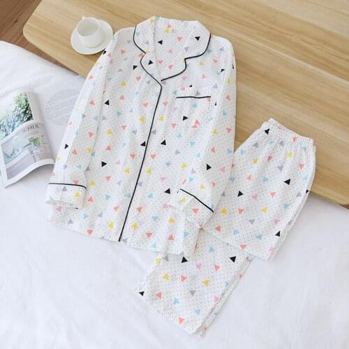 Spring 100% Cotton Gauze Pajamas for Women Long-sleeved Print Sleepwear Thin Loungewear 2 Piece Pijama Mujer Home Clothing 2021