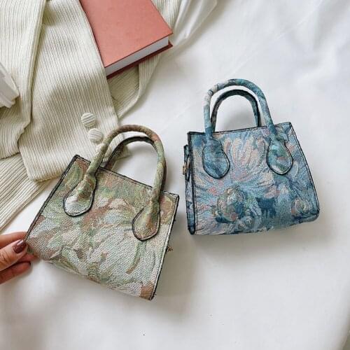 Retro Women Graffiti Flower Printing Canvas Shoulder Crossbody Messenger Bag Casual Ladies Chain Top-handle Mini Purse Handbags