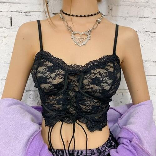Womens Summer Vest Lace Up Chest Mesh See Through Tops Sling Camisole Female Fashion Casual Sexy Slim Black Crop Tops