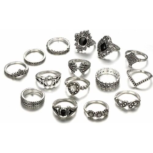 15 Pcs/sets Female Fashion Bohemian Gold Rings Drop Shiny Different Shapes Crystal Stone Geometry Women Jewelry Anillos Mujer