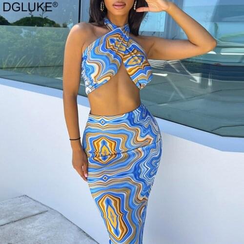 Fashion Print Womens Summer Suit Halter Crop Top And Midi Skirt Sets Boho Style Sexy Summer Vacation Outfits Club Wear