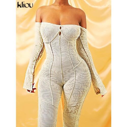 Kliou Print Mesh Jumpsuit Women Aesthetic Bright Line Decoration Sheath Slim Overall Long Raglan Sleeve Slash Neck Clubwear