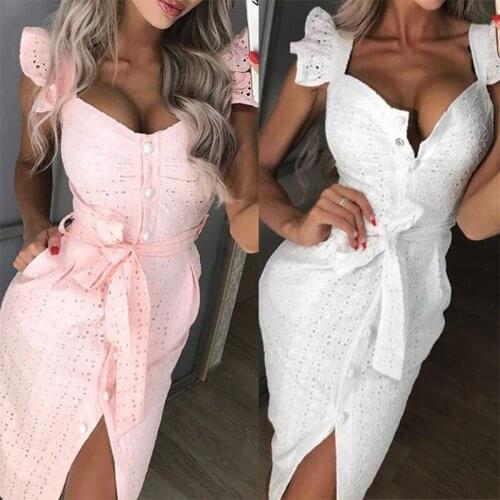 Women White Dress Lace Up Sexy Midi Vestidos Ruffles Sleeveless Bodycon Female Dresses 2021 Buttons Belt Elegant Ladies Clothes