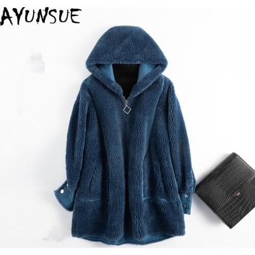 AYUNSUE Sheep Shearling Real Fur Coat Female Wool Coats Winter Jacket Women Hooded Long Jackets for Women Suede Lining MY4188