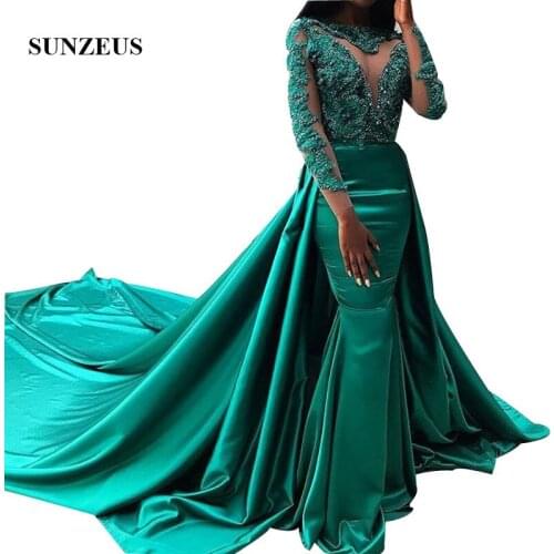 Luxury Beaded Appliques Evening Dress With Detchable Train Mermaid Long Sleeves Green Formal Gowns Elegant Women Party Dress