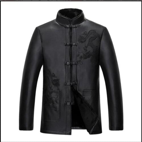 M-3xl Men Sheepskin Leather Clothing Fur Overcoat Outerwear Quinquagenarian Thicken Stand Embroidery Jacket Fur One Piece Coats