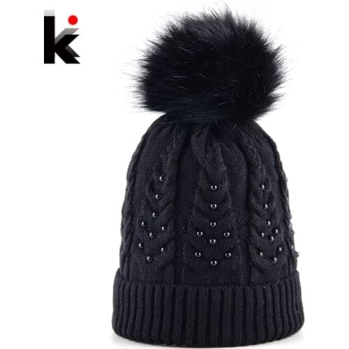 Winter Female Knitted Beanies Hat For Girls Pearl Knitting Wool Imitation Fur Ball PomPoms Skullies Cap Women Solid Touca Bonnet