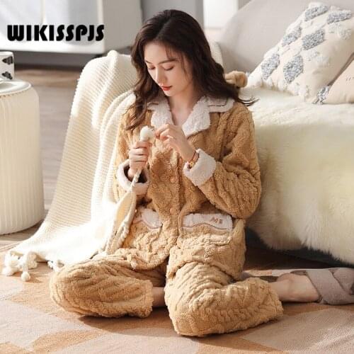 WIKISSPJS Winter Womens Flannel Home Clothes Two Piece Set Elegant Lapel Cardigan Warm Pajamas Lounge Wear Bedroom Set Pjs