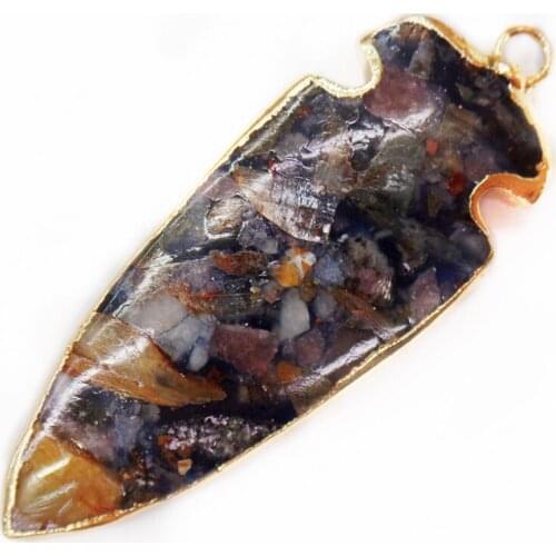 1Pcs 48x18x5mm Wholesale Orange&Purple Sea Sediment Jasper & Pyrite Arrow Gilt Edge Pendant Bead DIY Jewelry Accessories S851