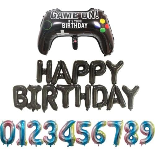 16inch Black Happy Birthday Letters Foil Balloons Banner with Gamepad Balloon Children Boy Game Theme Birthday Party Decorations