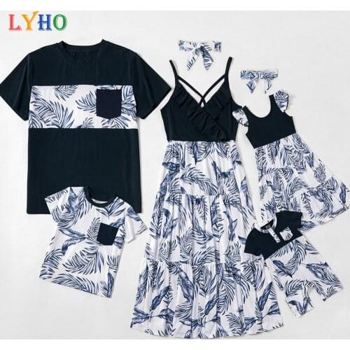 2021 Summer Cotton Mom Dad Daughter Baby Family Clothes Flower Printed Ruffles Short Sleeve Cotton Shirt Dress Rompers Outfits