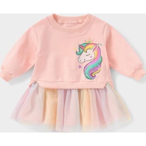 2021 New Spring Girls Knitted Dress Girl Autumn Long Sleeve Unicorn Print Dress Christmas Party Mesh Stitched Princess Clothes