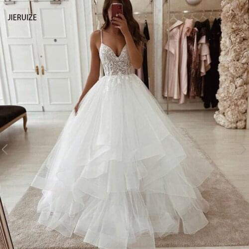 JIERUIZE White Lace Tiered Summer Wedding Dresses Beaded Spaghetti Straps Backless Beach Bridal wedding Gowns vestido de noiva