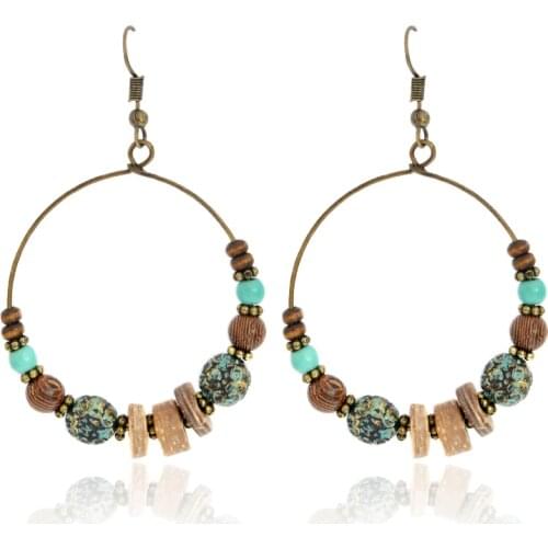 Bohemia Big Circle Drop Earrings Wooden Beads Stone Ancient Gold Dangle Earrings For Women Vintage Boho Jewelry Gift