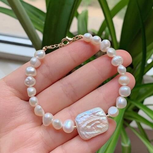 Elegant Natural Freshwater Pearl Bracelets for Women Party Wedding Jewelry Irregular Rectangle Baroque Pearl Strand Bracelet
