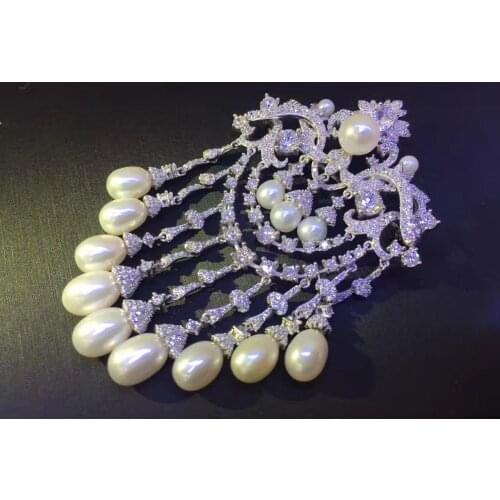 Natural fresh water pearl brooch pins 925 sterling silver with cubic zircon vintage victoria tassels brooch free shipping