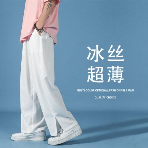 Summer Thin Casual Pants Mens Fashion Green Black White Ice Silk Pants Men Streetwear Loose Wide-leg Pants Mens Trousers S-5XL