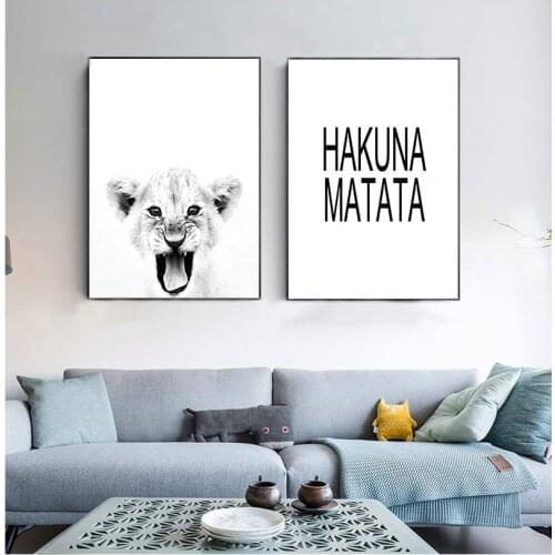 Baby Lion Print Wildlife Animal Black White Photography Hakuna Matata Quote Scandinavian Art Canvas Painting Home Decor