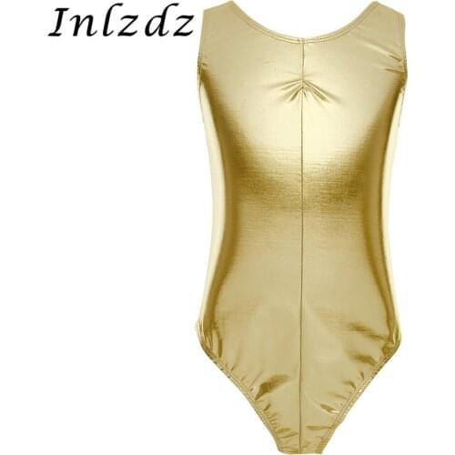 Kids Girls Gymnastics Leotard Swimsuit for Dancing Sleeveless Shiny Patent Leather Dancewear Gymnastics Leotard Dance Boodysuit