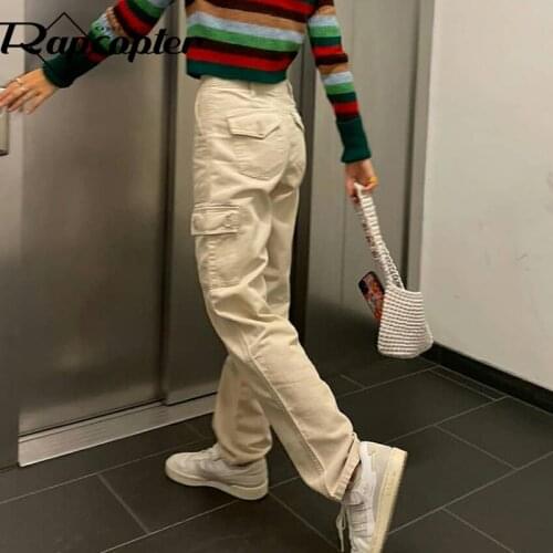 Rapcopter Khaki y2k Cargo Jeans Pockets Button Cute Casual Denim Trousers Low Waisted Grunge Basic Jeans Women Harajuku Solid