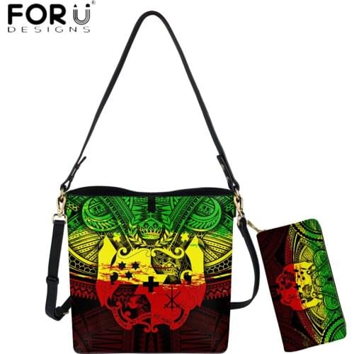 FORUDESIGNS New Arrival Vintage Women Bucket Bag And Clutch Purse Tonga Polynesian Tribal Printing Lady PU Leather Shoulder Sac