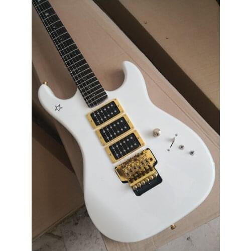 Custom 6 string bass guitar,white guitar,gold pattern,HSH pickups,pearl shell inlay,tremolo bridge,basswood body,rosewood finge