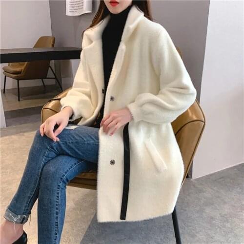 Faux Mink Fleece Lace Up Mid-Length Cardigan Jacket Women Korean Drawstring Adjustable Waist Sweater Autumn Winter Chic Overcoat
