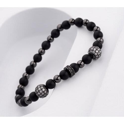 Classic Micro Pave Black Ball Charm Bracelet Men Fashion Black Stone Bead Adjustable Bracelet Women Jewelry