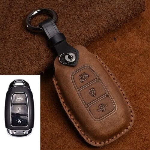 Leather Car Key Case Cover fob for Hyundai i30 i35 i40 Kona Azera Elantra Solaris Grandeur Ig Accent Santa Fe 2018 2019