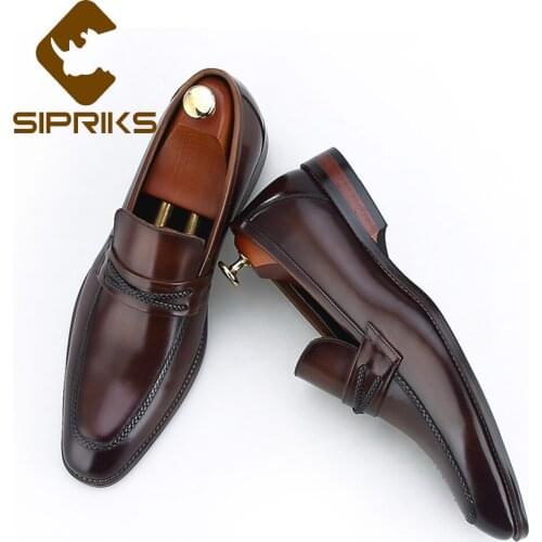 Sipriks Genuine Leather Black Slip-On Dress Shoes Boss Men Elegant Dark Brown Business Office Gents Suit Social Shoes Formal 44